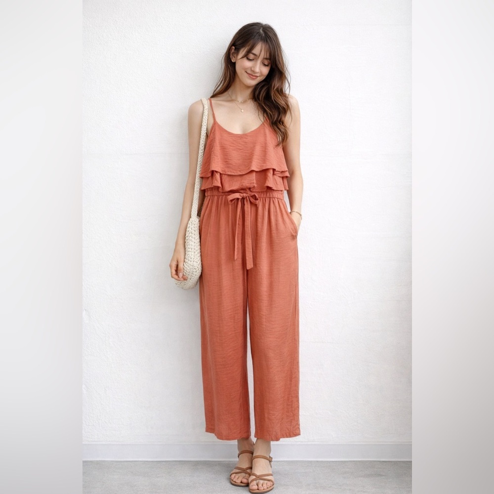 Hem & Thread Layered Ruffle Top Wide Leg Jumpsuit Thin Strap Belted Large
